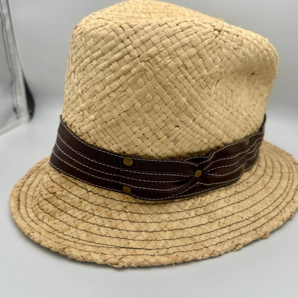 Lola Hats Straw Hat Brown Sun Hat Fedora Ribbon Band Studded Tan  XS Small 21 in - Picture 2 of 6